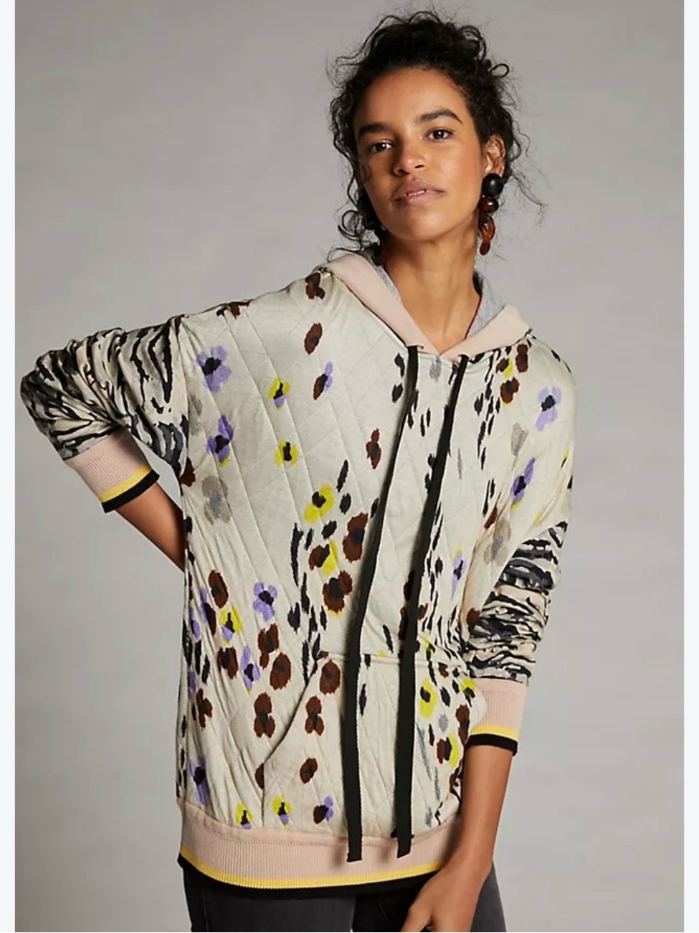 Anthropologie Quilted Floral Print Hoodie Sweater - Cream